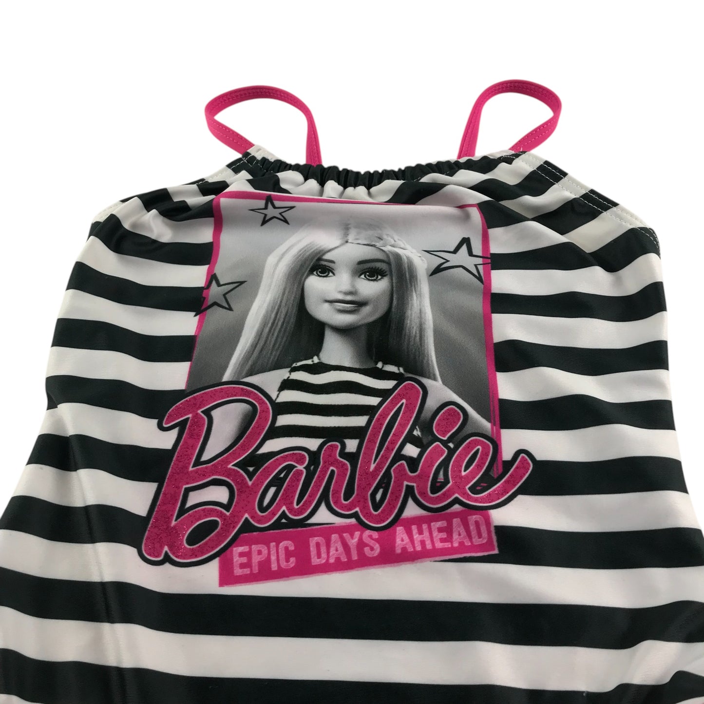 Barbie swimsuit 5-6 years white black and pink stripy one piece cossie