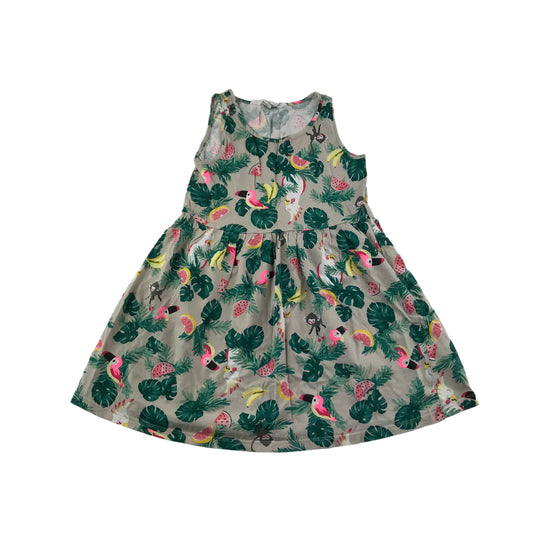 H&M Dress Age 4-6 Grey and Green Tropical Print Cotton