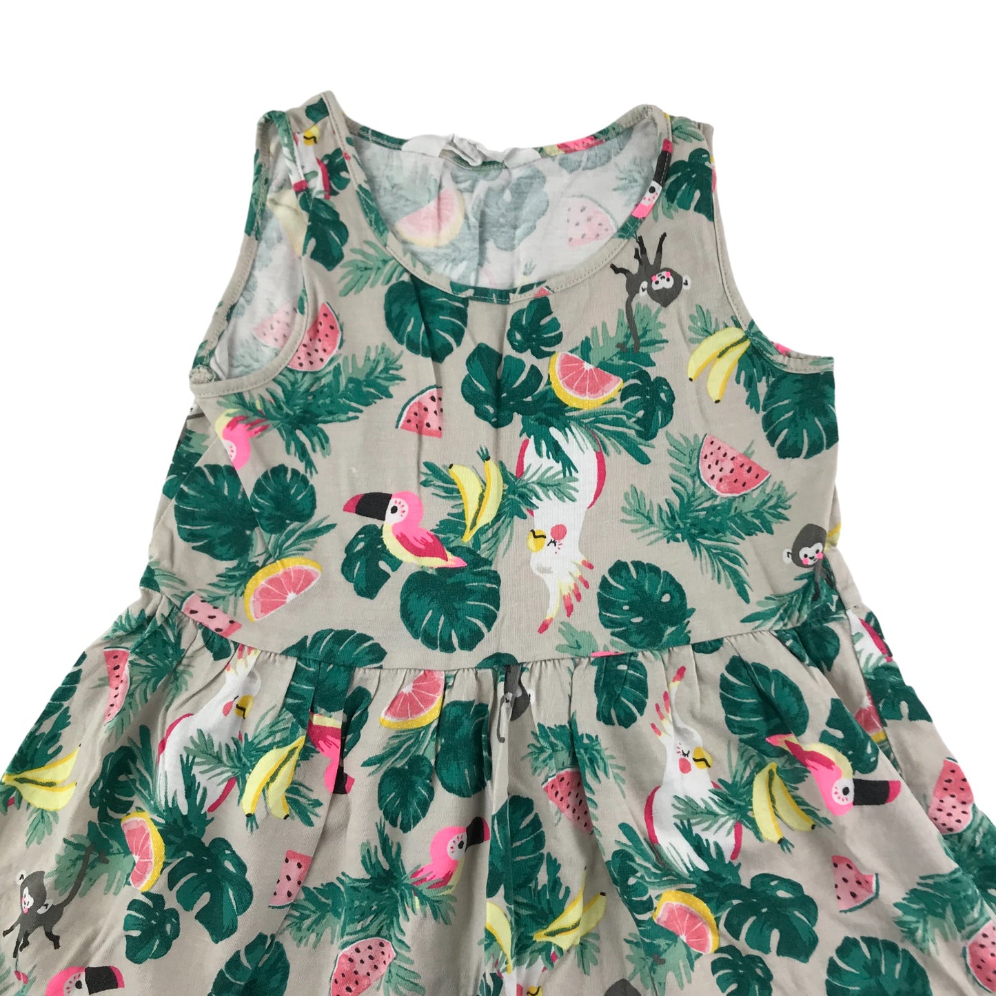 H&M Dress Age 4-6 Grey and Green Tropical Print Cotton