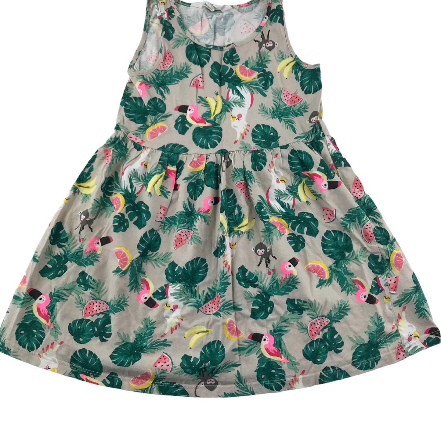 H&M Dress Age 4-6 Grey and Green Tropical Print Cotton