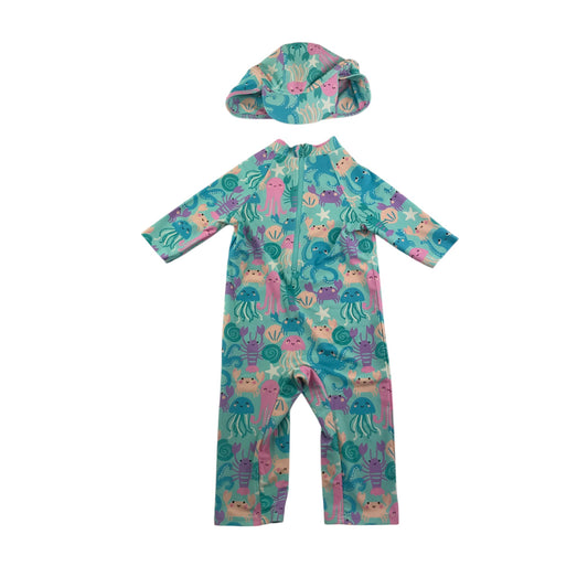 F&F swimsuit set 5-6 years mint blue sea animals onesie and hat