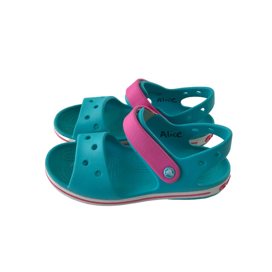 Crocs Sandals Shoe Size 2 Junior Blue and Pink Foamy with Straps