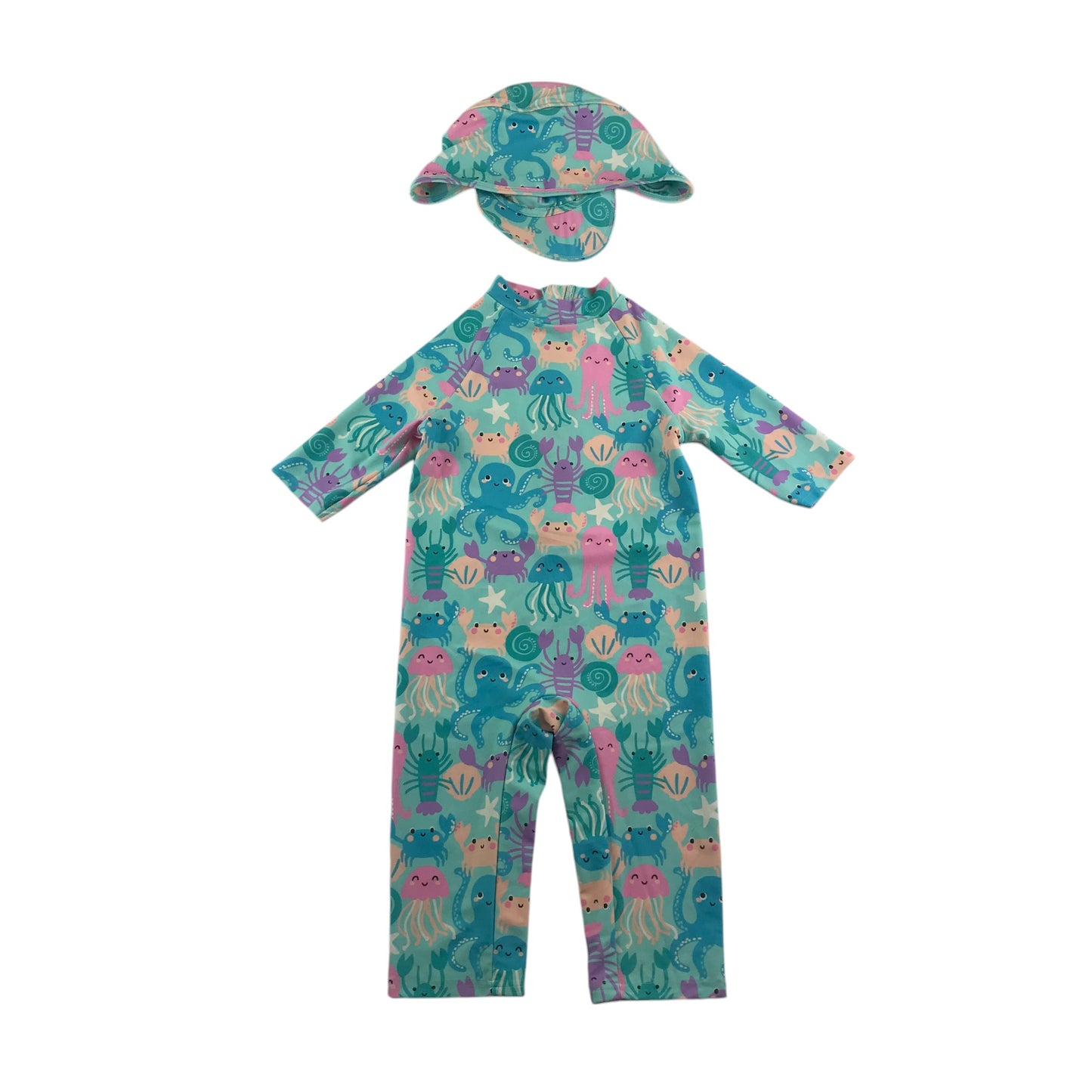 F&F swimsuit set 5-6 years mint blue sea animals onesie and hat