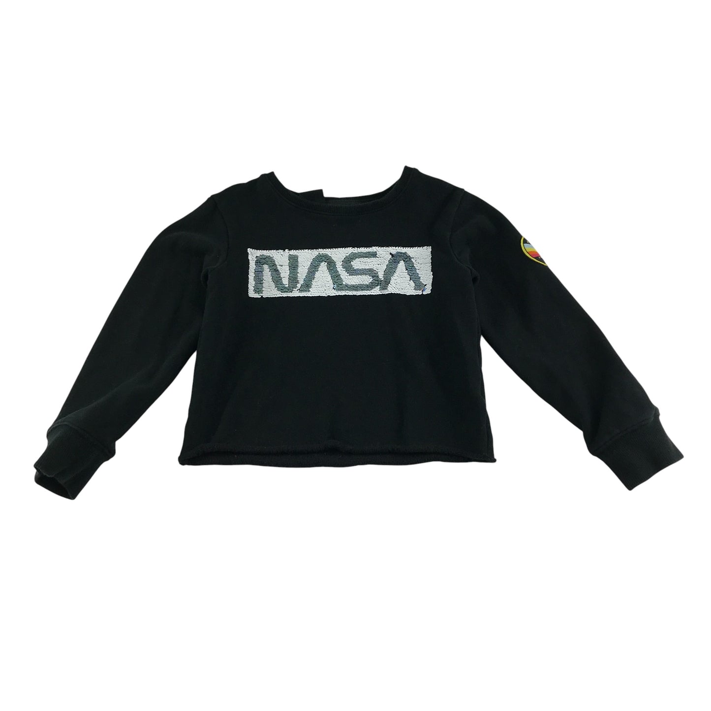 Next Sweater 6-7 years black NASA sequin reversible design with arm patch