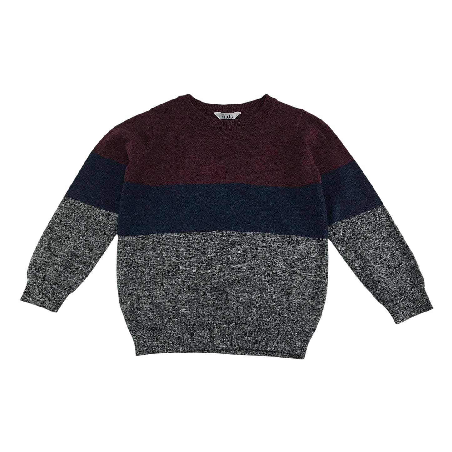 M&Co Jumper 5-6 years burgundy navy and grey stripy block colour design