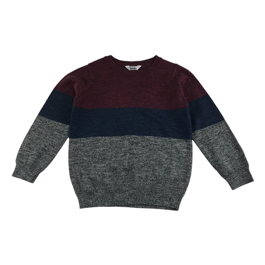 M&Co Jumper 5-6 years burgundy navy and grey stripy block colour design