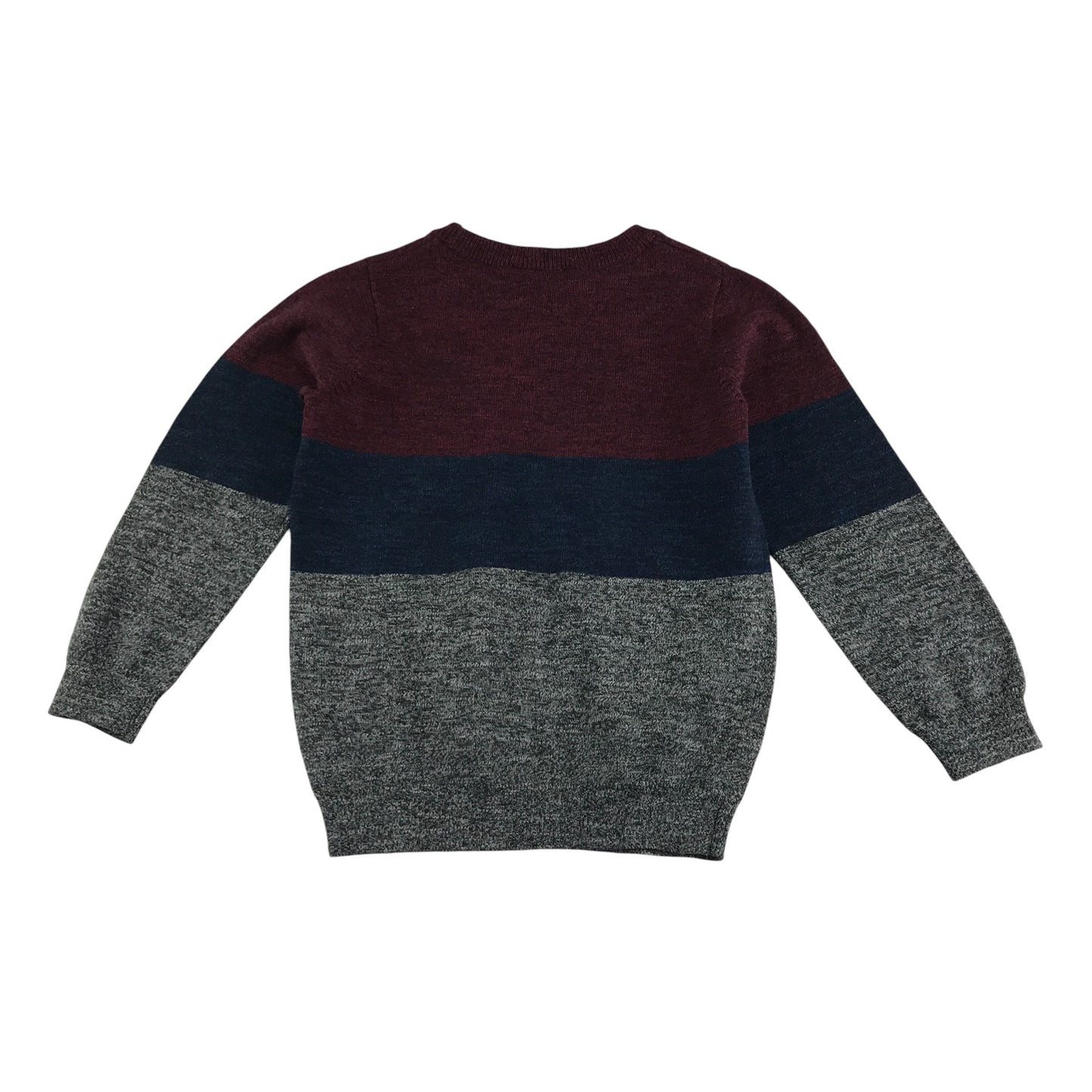 M&Co Jumper 5-6 years burgundy navy and grey stripy block colour design