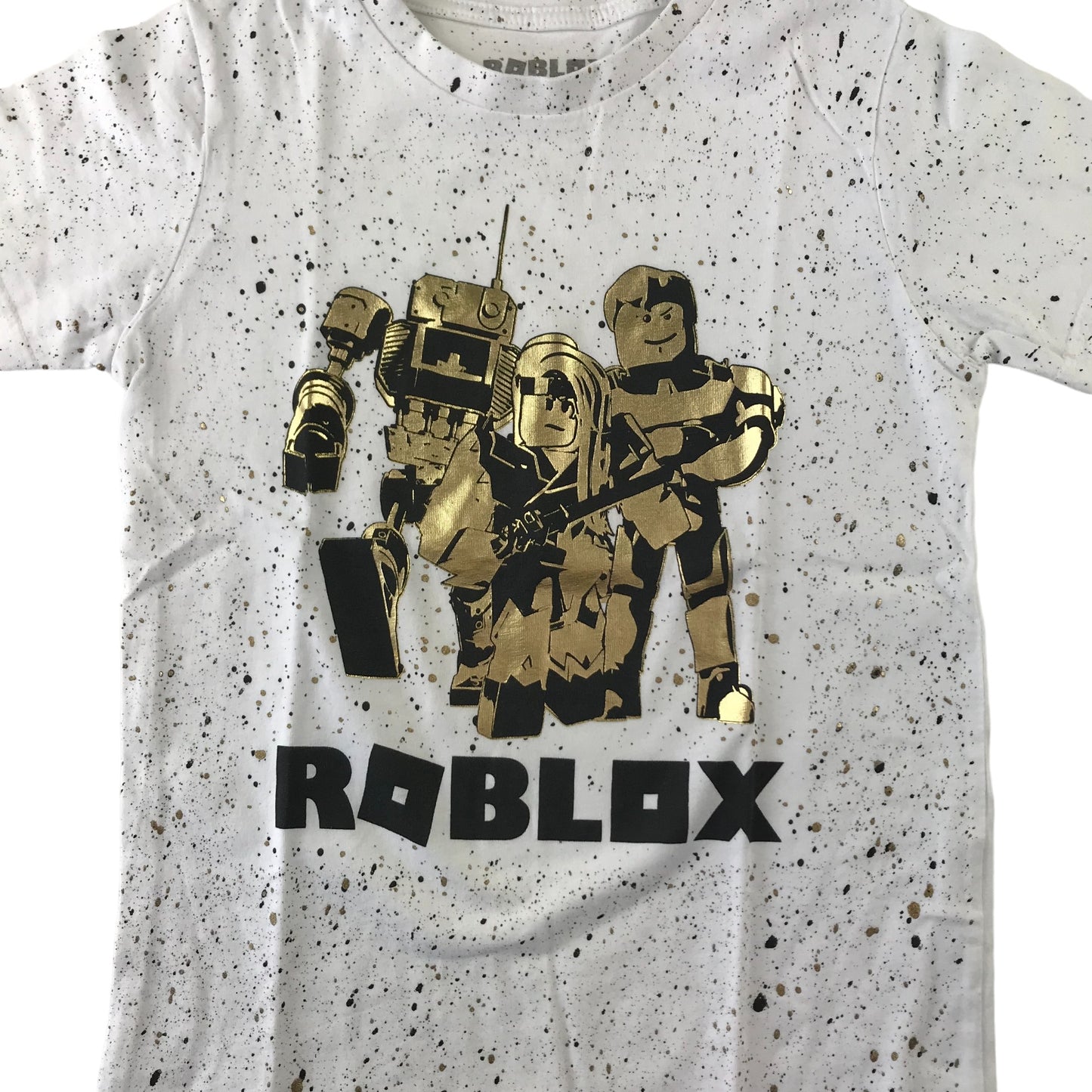 Roblox T-shirt Age 6 White Splash Pattern Golden Characters Print Cotton