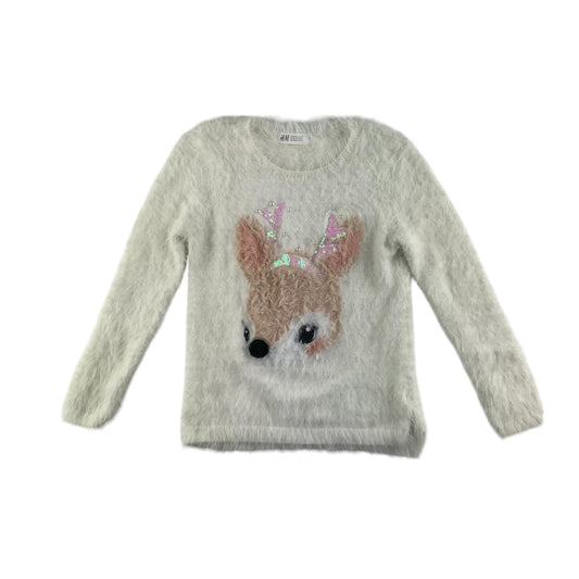 H&M festive jumper 7-8 years white reindeer graphic fluffy