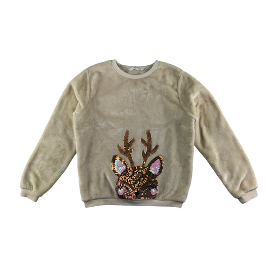 H&M festive jumper 9-10 years beige reindeer golden sequin graphic fluffy