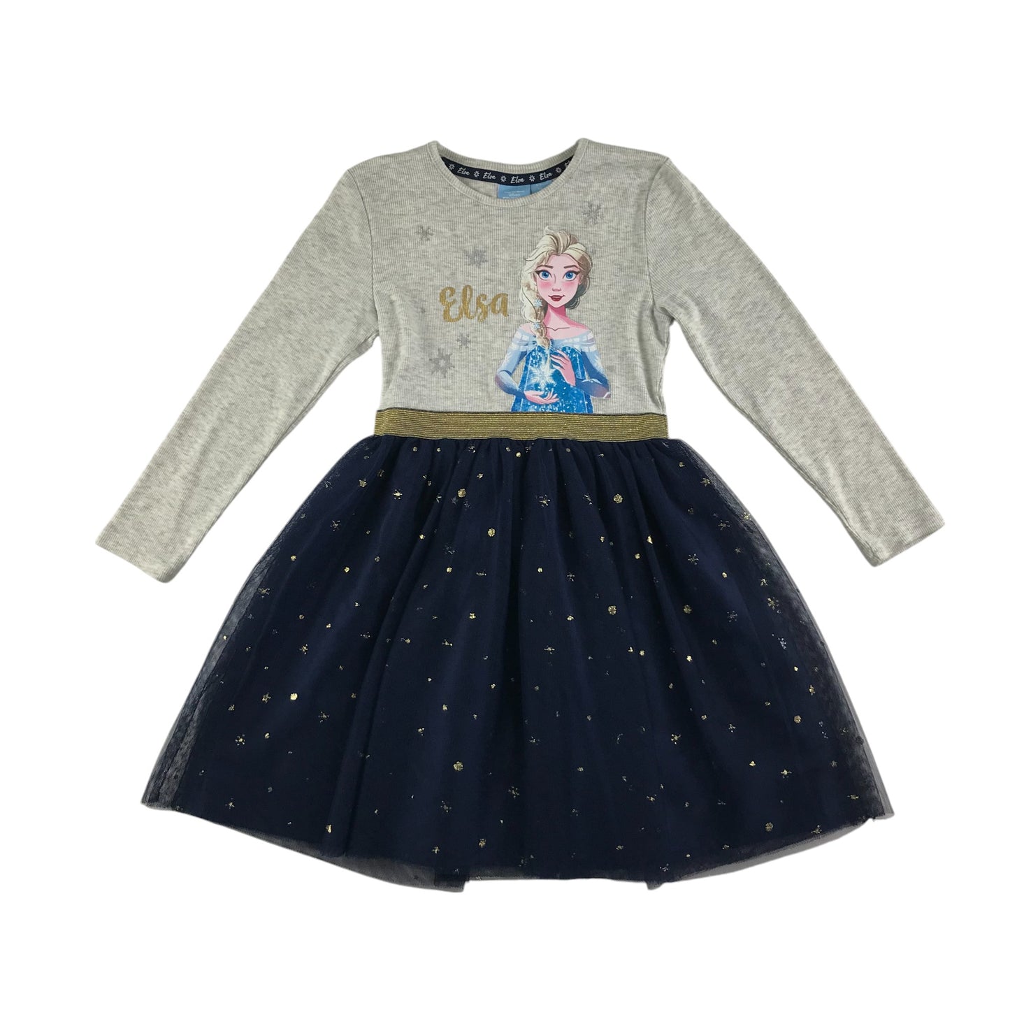 Primark dress 5-6 years grey t-shirt Elsa graphic with navy sparkly tulle