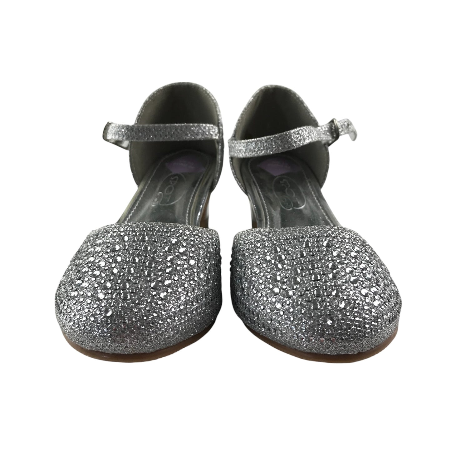 Spot on heels shoe size UK 13 junior silver sparkly gem covered two part kitten heel sandals