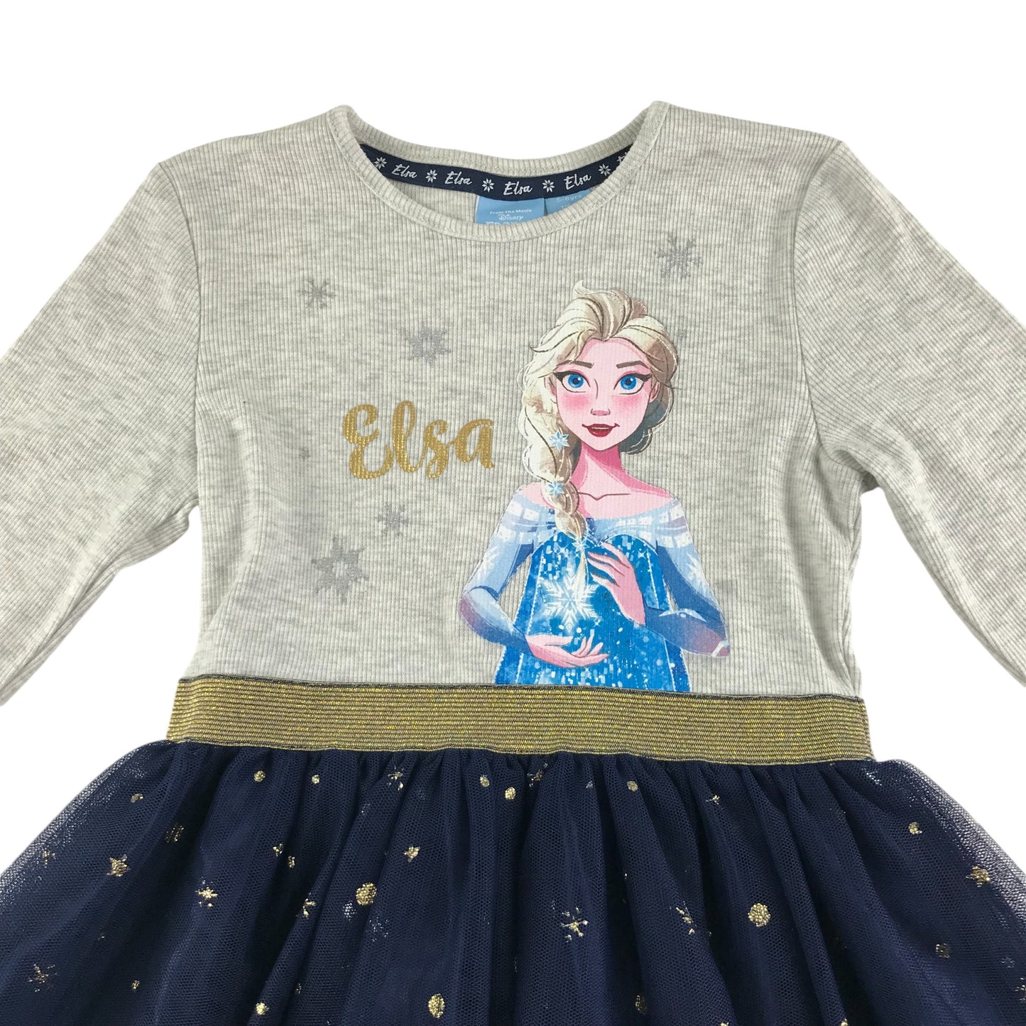 Primark dress 5-6 years grey t-shirt Elsa graphic with navy sparkly tulle