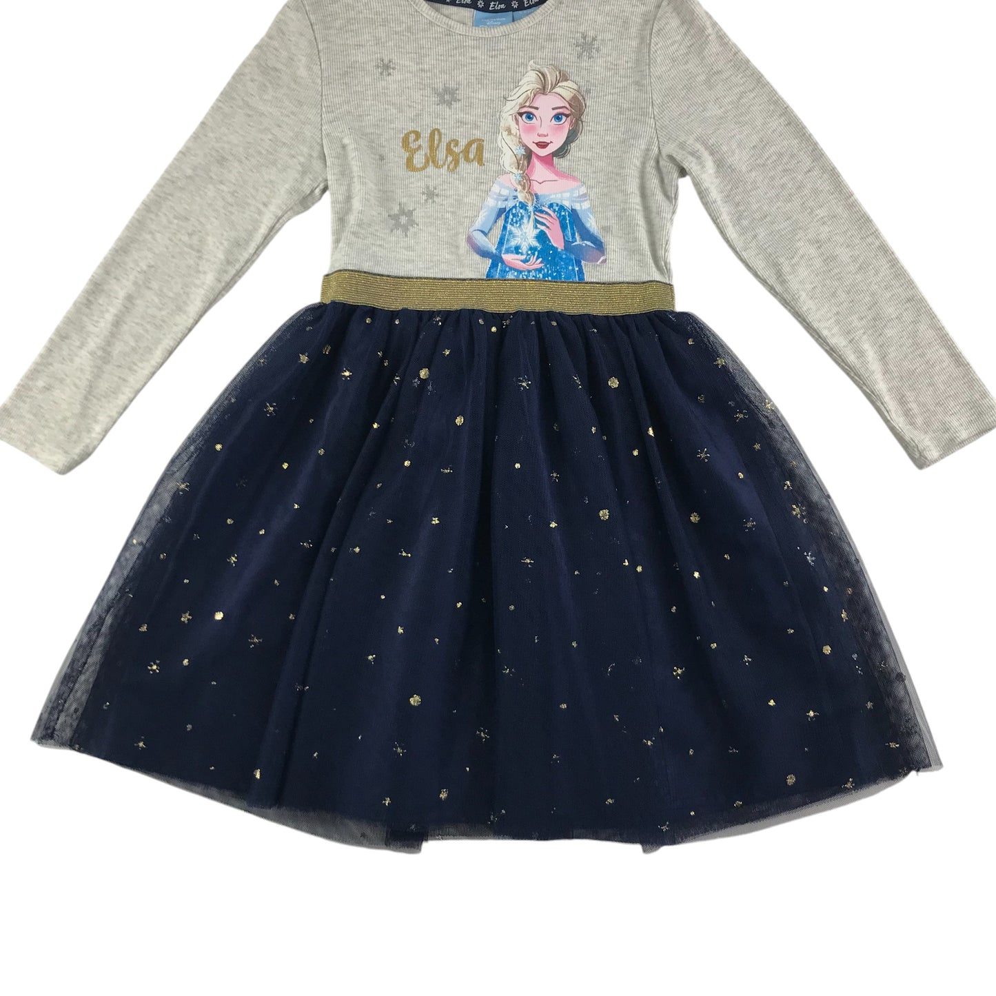 Primark dress 5-6 years grey t-shirt Elsa graphic with navy sparkly tulle