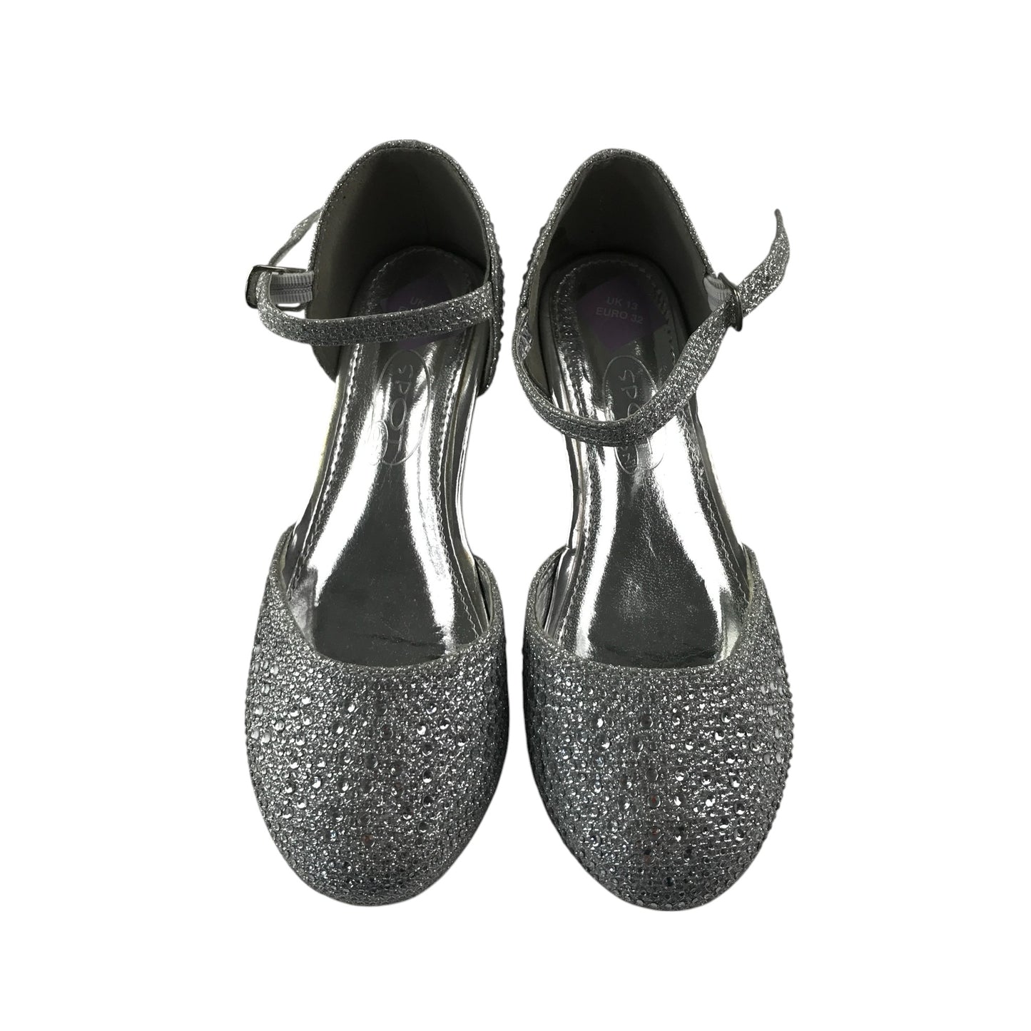 Spot on heels shoe size UK 13 junior silver sparkly gem covered two part kitten heel sandals