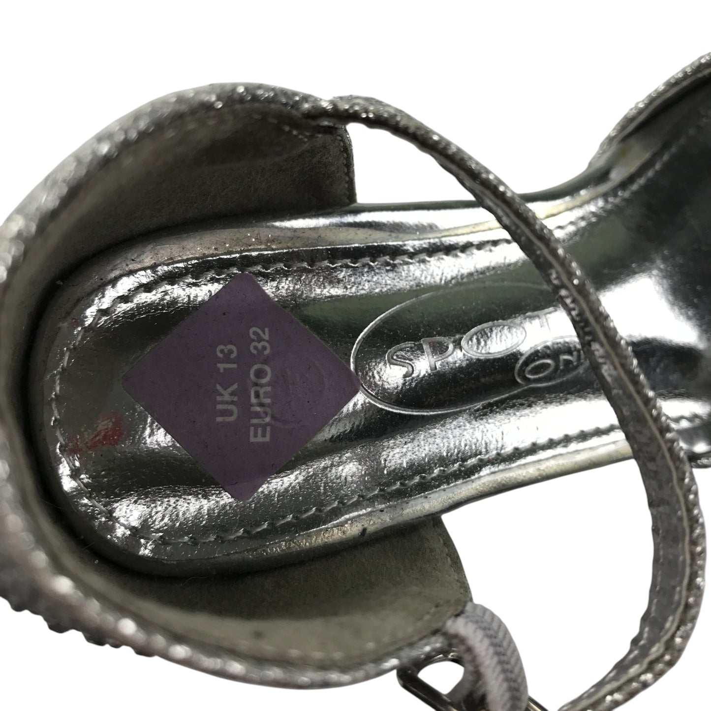 Spot on heels shoe size UK 13 junior silver sparkly gem covered two part kitten heel sandals