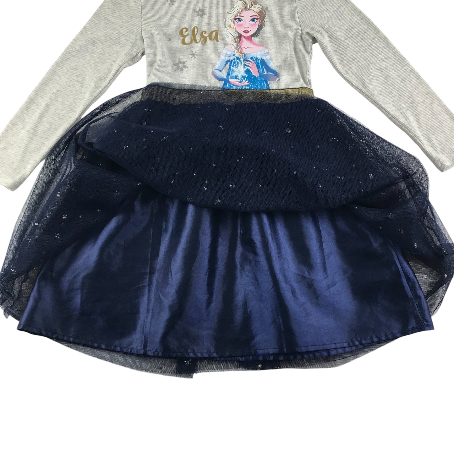 Primark dress 5-6 years grey t-shirt Elsa graphic with navy sparkly tulle