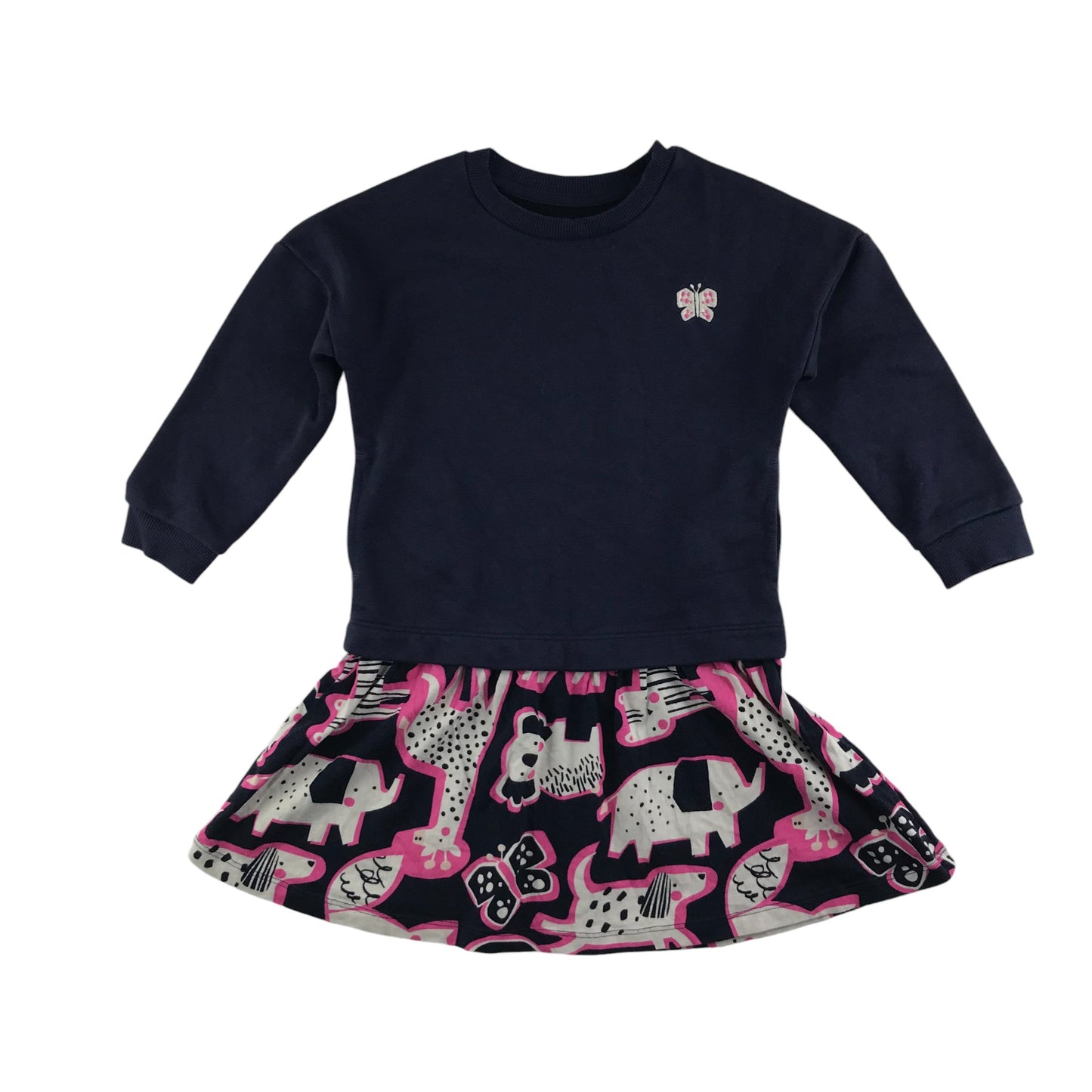 Nutmeg dress 4-5 years navy sweatshirt with animal graphic skirt