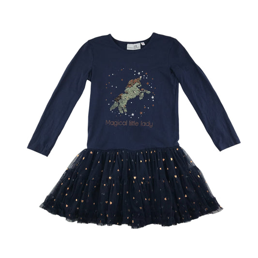 Happy Girls dress 6-7 years navy t-shirt unicorn graphic with black sparkly tulle skirt