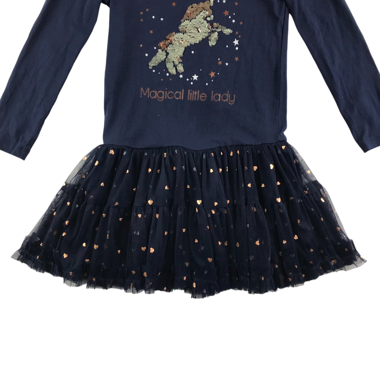 Happy Girls dress 6-7 years navy t-shirt unicorn graphic with black sparkly tulle skirt