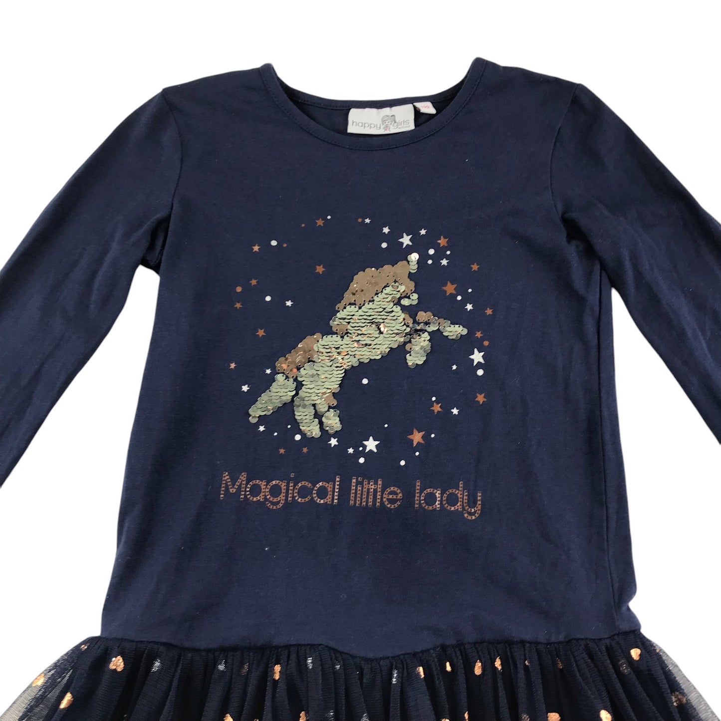 Happy Girls dress 6-7 years navy t-shirt unicorn graphic with black sparkly tulle skirt