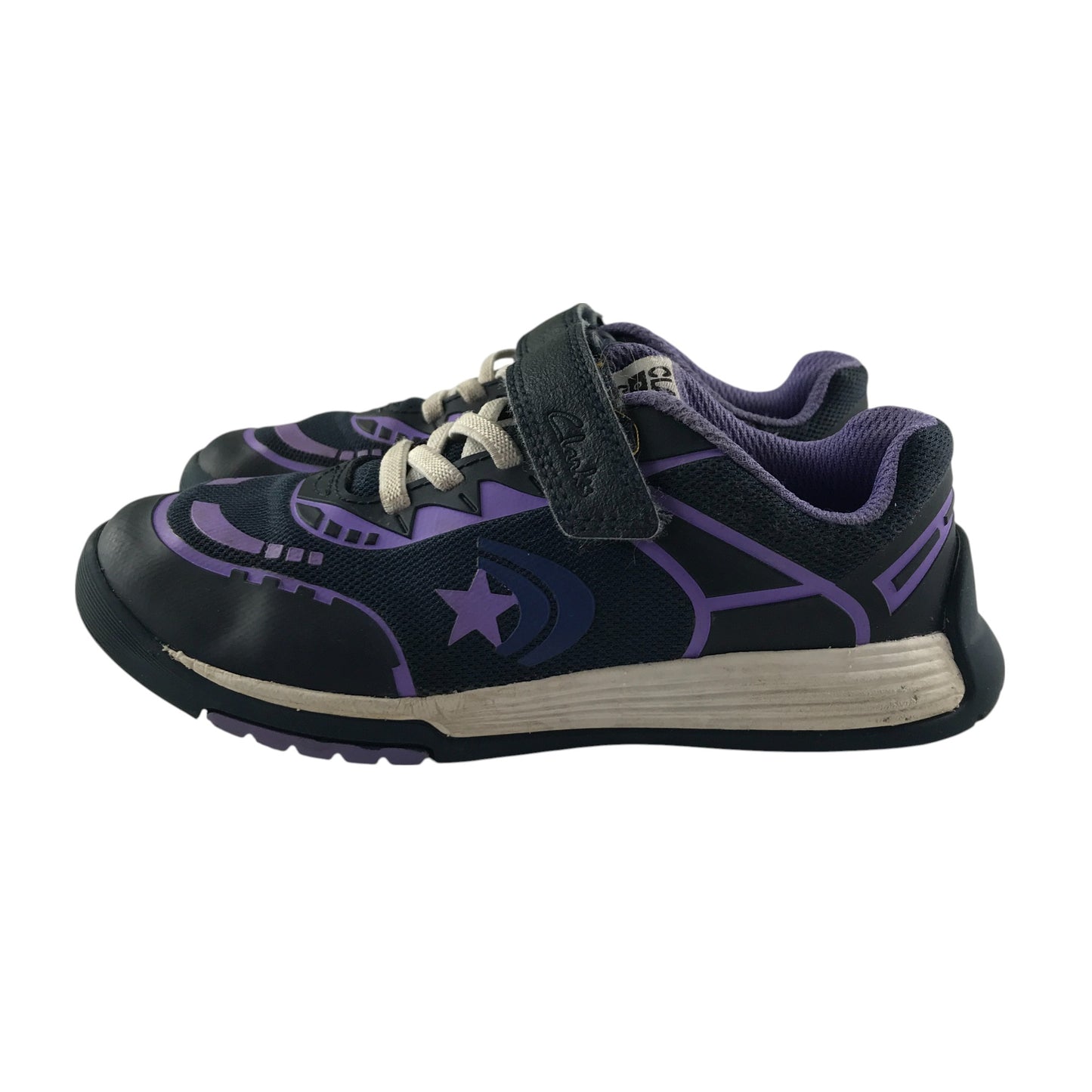 Clarks trainers shoe size 10.5 junior black and purple with laces and hook and loop strap