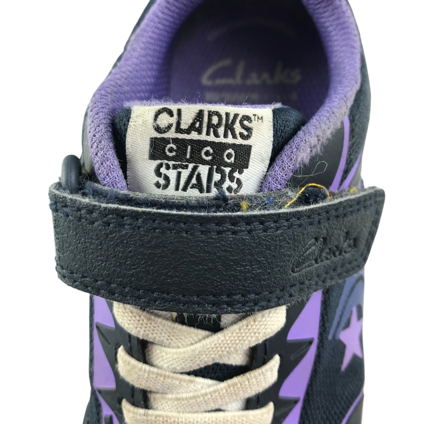 Clarks trainers shoe size 10.5 junior black and purple with laces and hook and loop strap