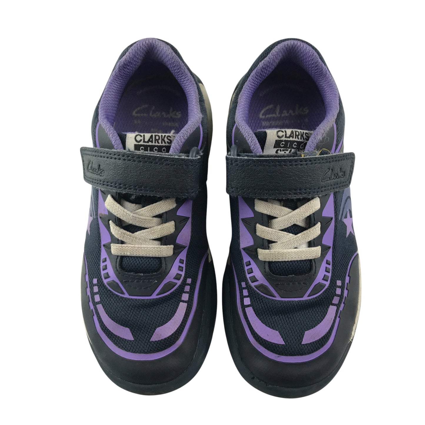Clarks trainers shoe size 10.5 junior black and purple with laces and hook and loop strap