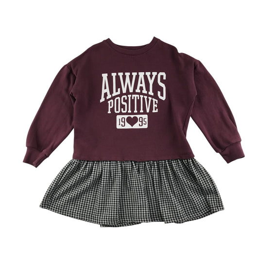 F&F dress 6-7 years Burgundy sweatshirt top and black and white checked skirt