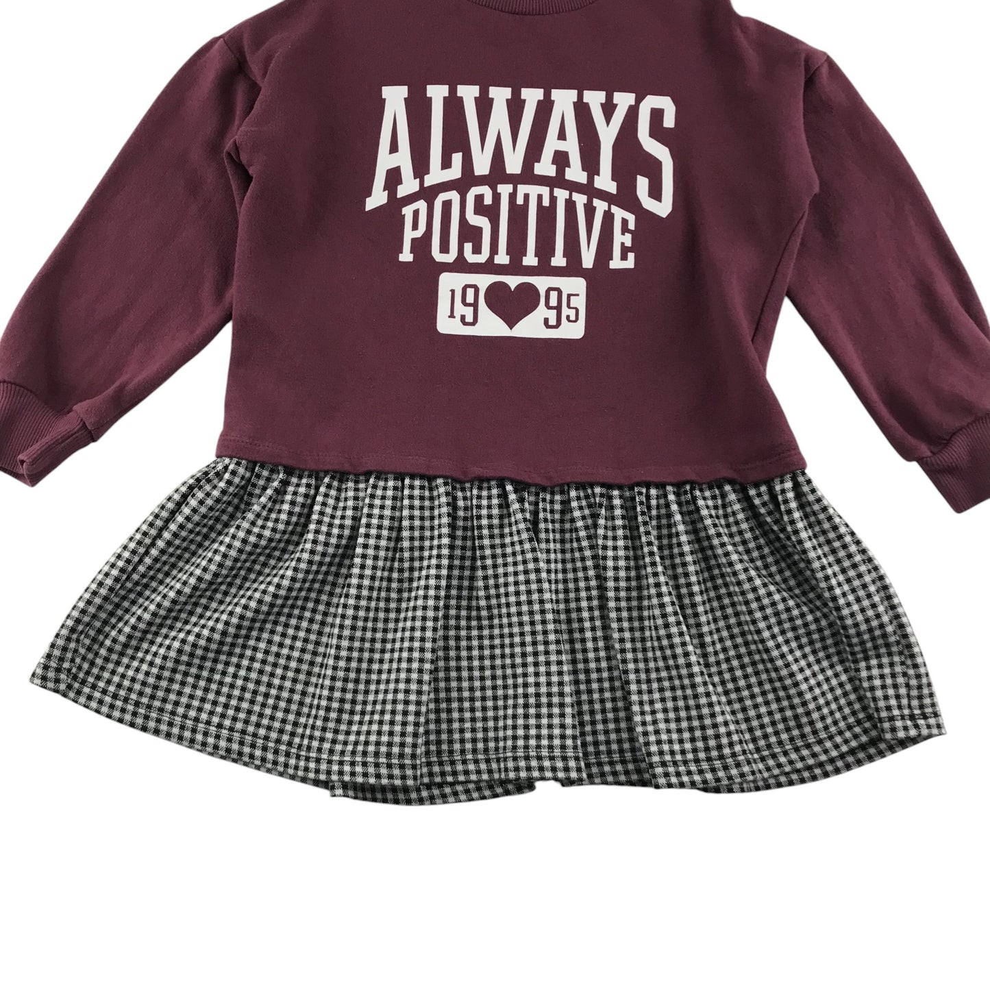 F&F dress 6-7 years Burgundy sweatshirt top and black and white checked skirt