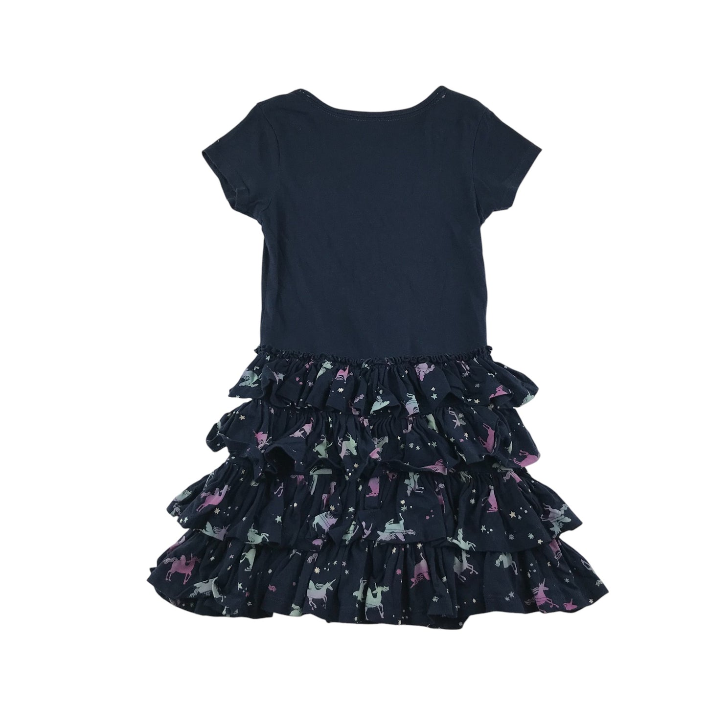 Bluezoo dress 6-7 years Navy t-shirt top with sequin bowtie and unicorn print skirt cotton