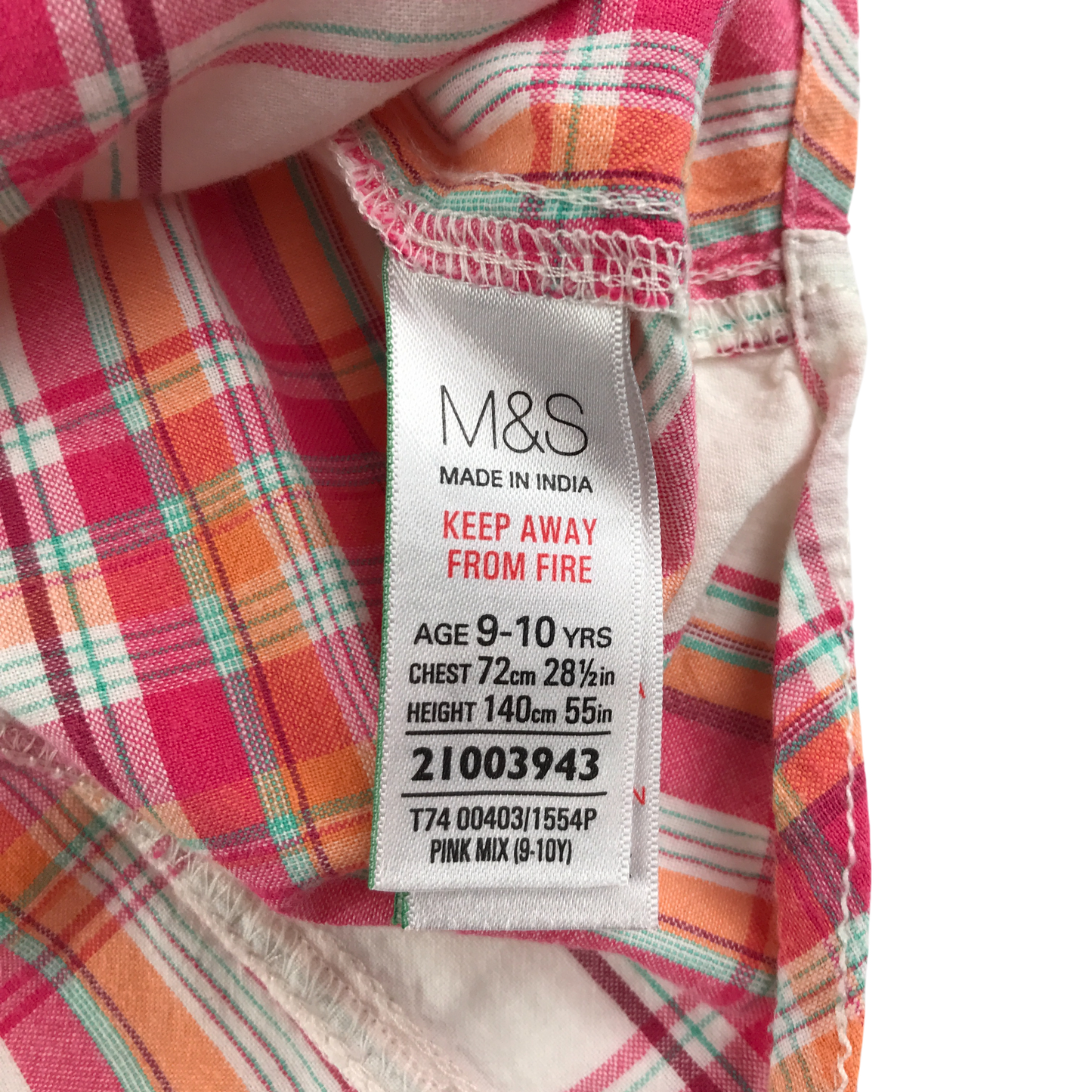 M&S Shirt 9-10 Years Multicolour Check Pattern Cotton