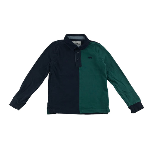 M&S Polo Shirt Age 5 Navy Green Panelled Long Sleeve Cotton