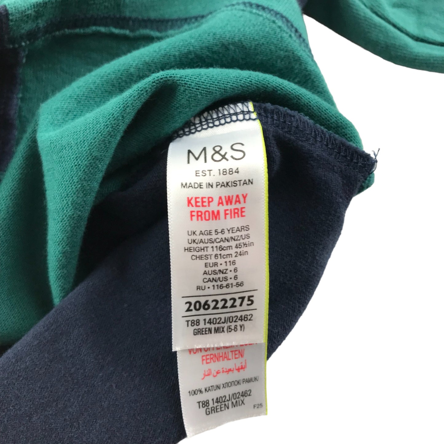M&S Polo Shirt Age 5 Navy Green Panelled Long Sleeve Cotton