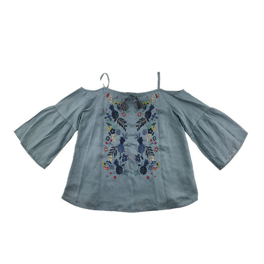 M&S Blouse Age 10 Light Blue Denim Style Floral Embroidery