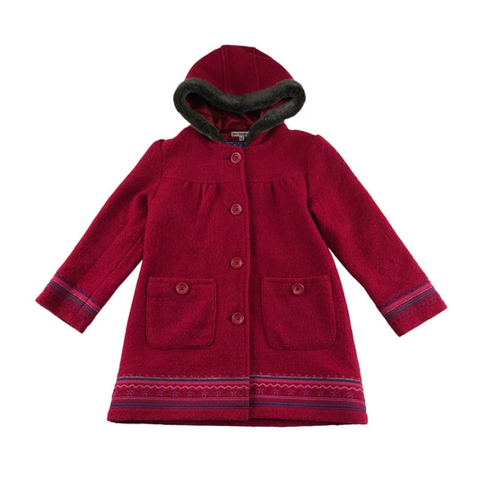 M&S coat 6-7 years red faux fur hood button up winter pattern detaling wool mix