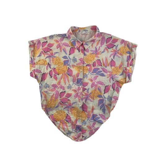 Zara Blouse Age 13 Pink Yellow Blue and White Floral Cropped Button Up Shirt