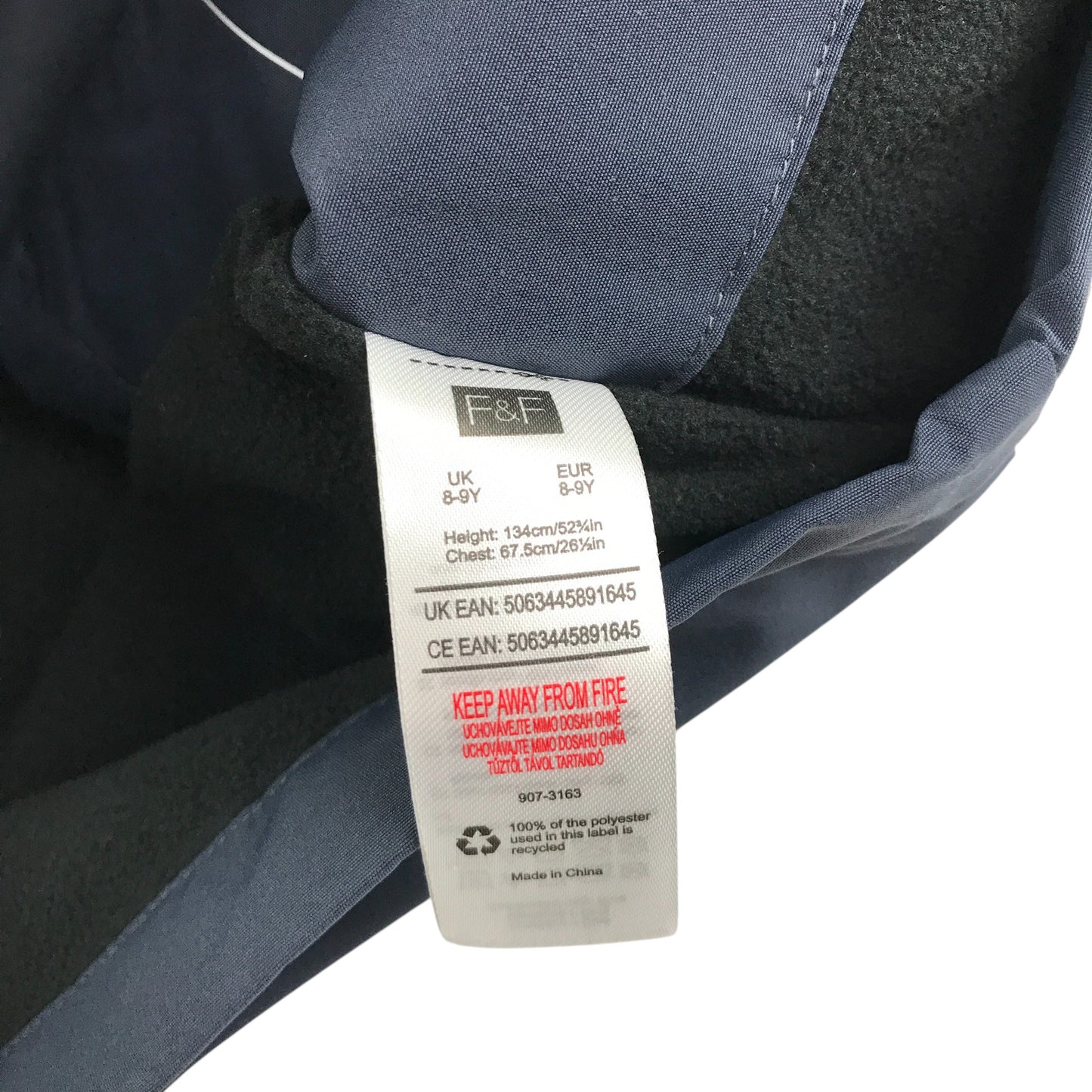 F&F light jacket 8-9 years navy fleece lining