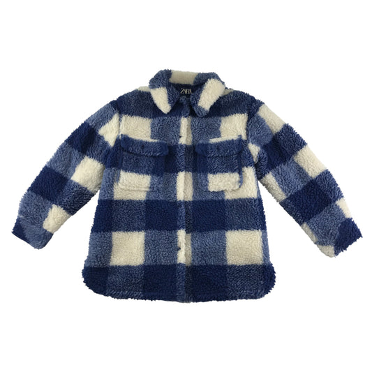 Zara coat 11-12 years blue and white two tone checked fuzzy faux fur