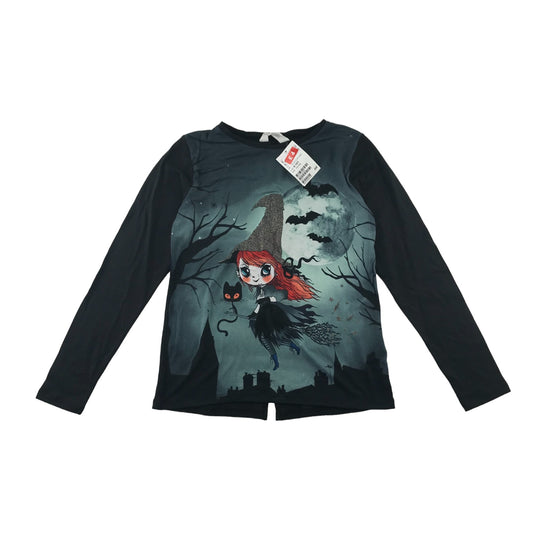 H&M T-Shirt 9-10 Years Black Witch Halloween Themed Bats and Cat Full Moon