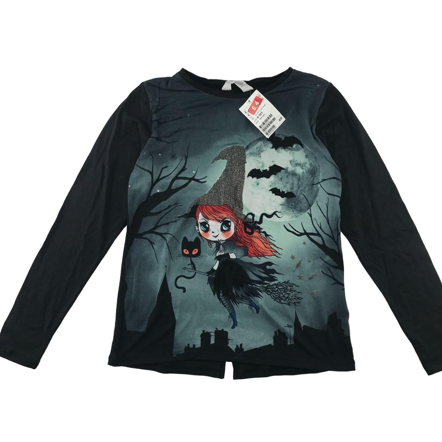 H&M T-Shirt 9-10 Years Black Witch Halloween Themed Bats and Cat Full Moon