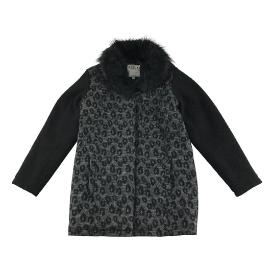 M&S coat 11-12 years black and grey animal print detachable faux fur collar