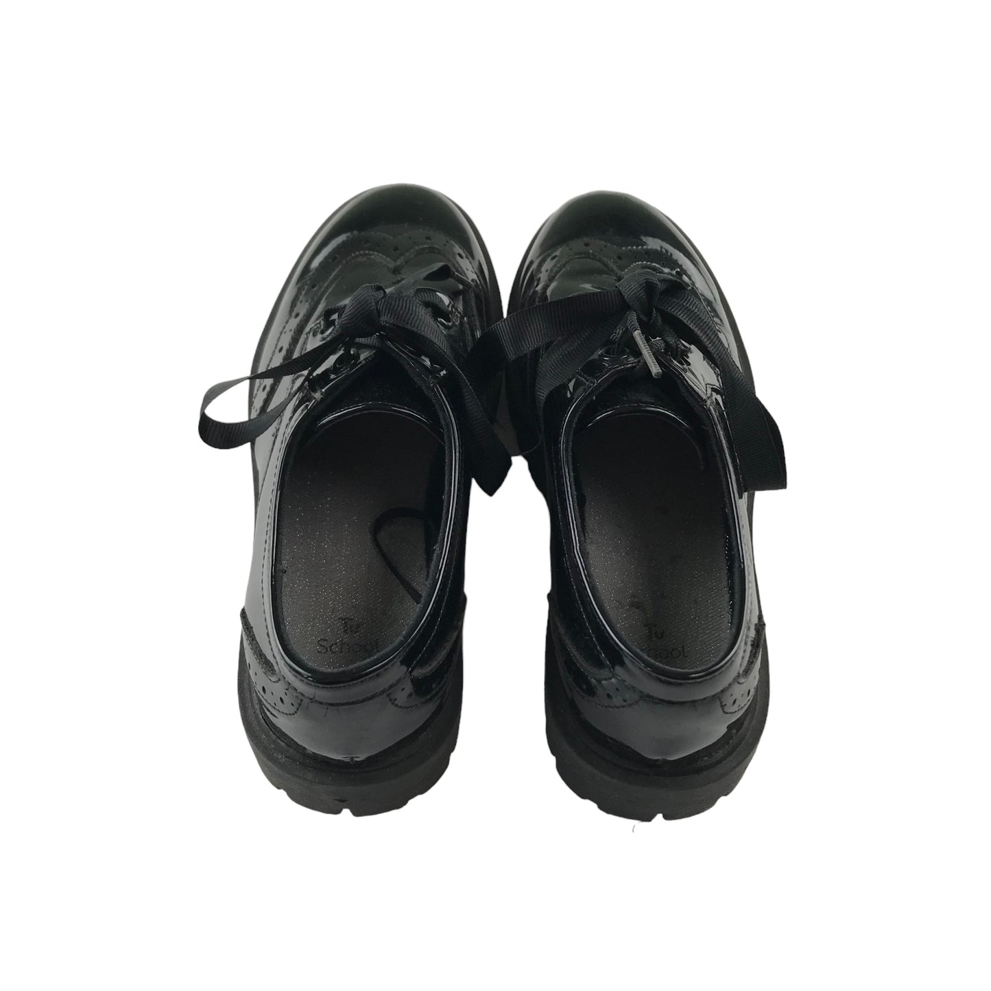 Tu School Brogue Shoe Size 2 Black Glossy with Ribbon Like Laces