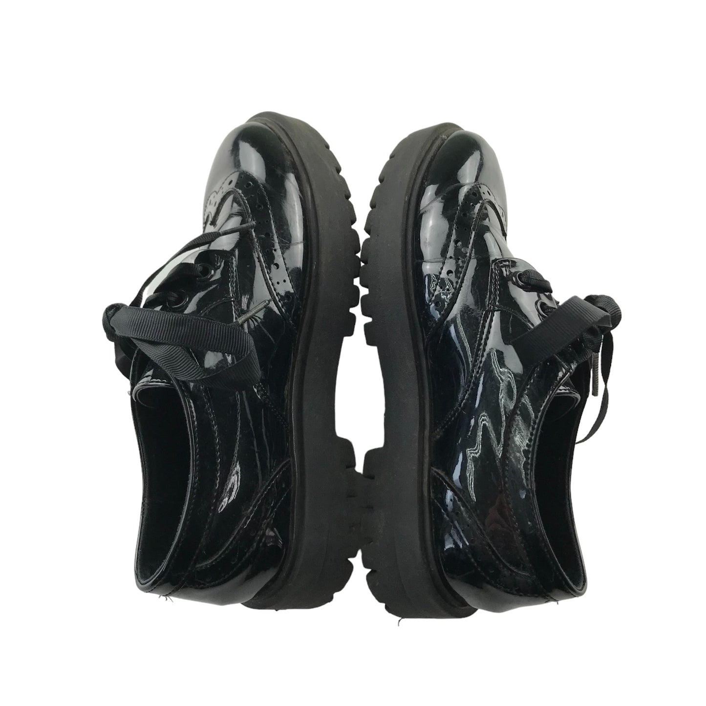 Tu School Brogue Shoe Size 2 Black Glossy with Ribbon Like Laces