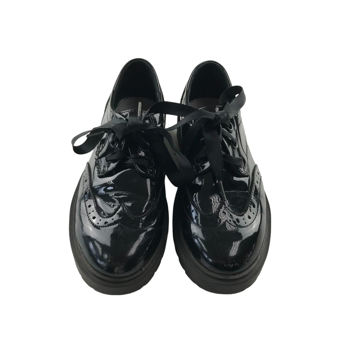 Tu School Brogue Shoe Size 2 Black Glossy with Ribbon Like Laces