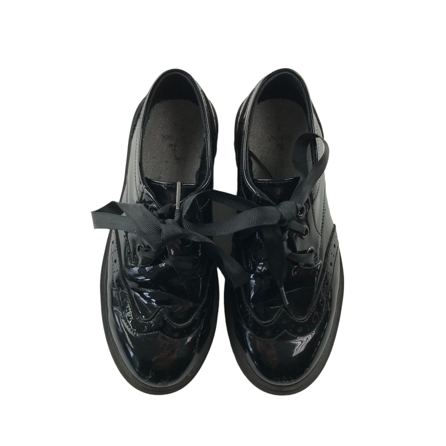 Tu School Brogue Shoe Size 2 Black Glossy with Ribbon Like Laces