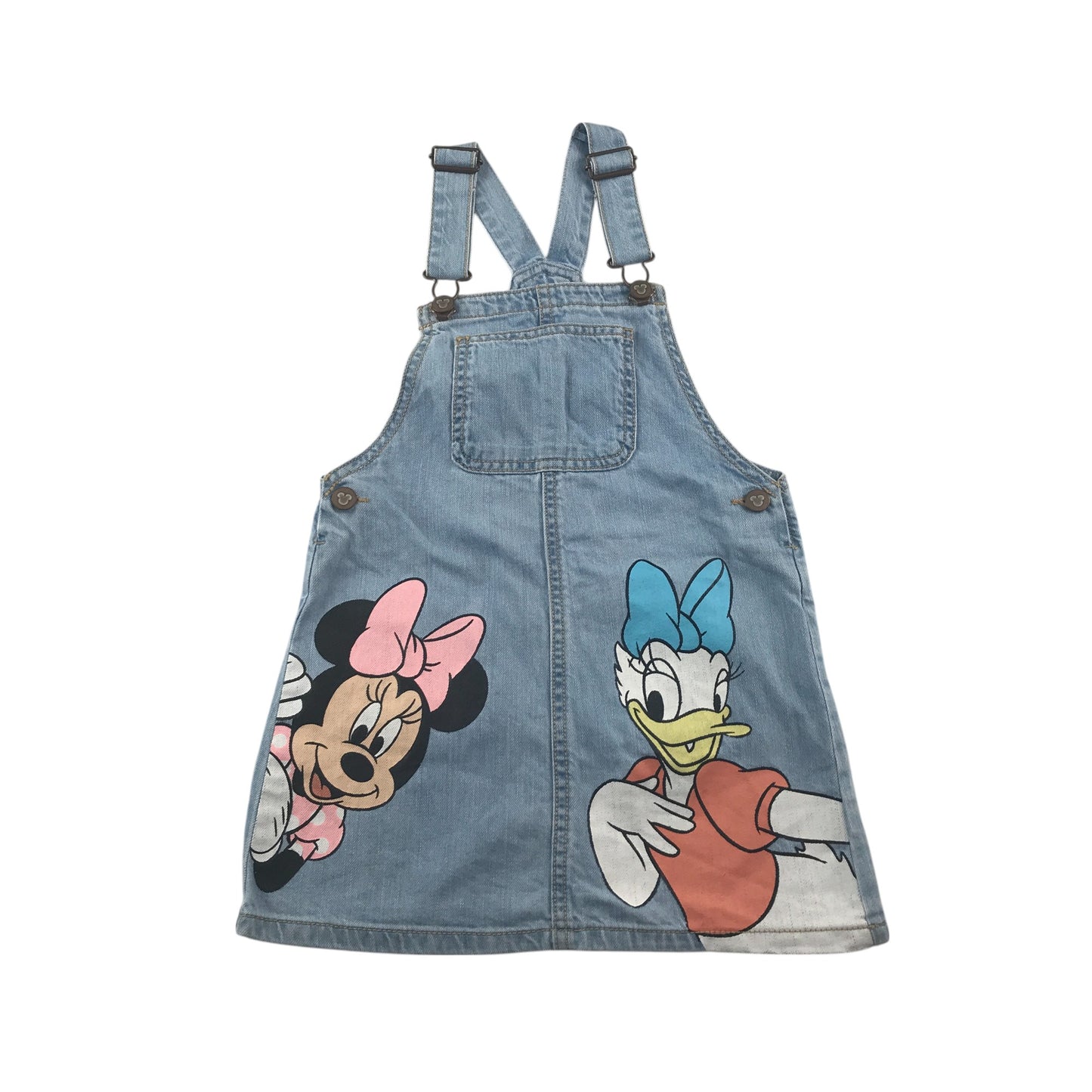 Next dungaree dress 5-6 years blue denim with Minnie Mouse and Daisy Duck cotton