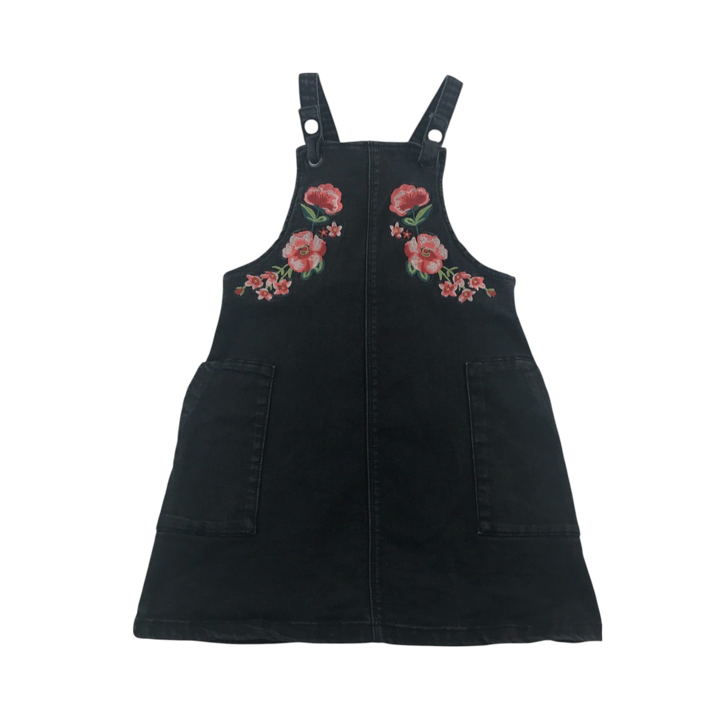 Tu dungaree dress 4-5 years black with embroidered roses