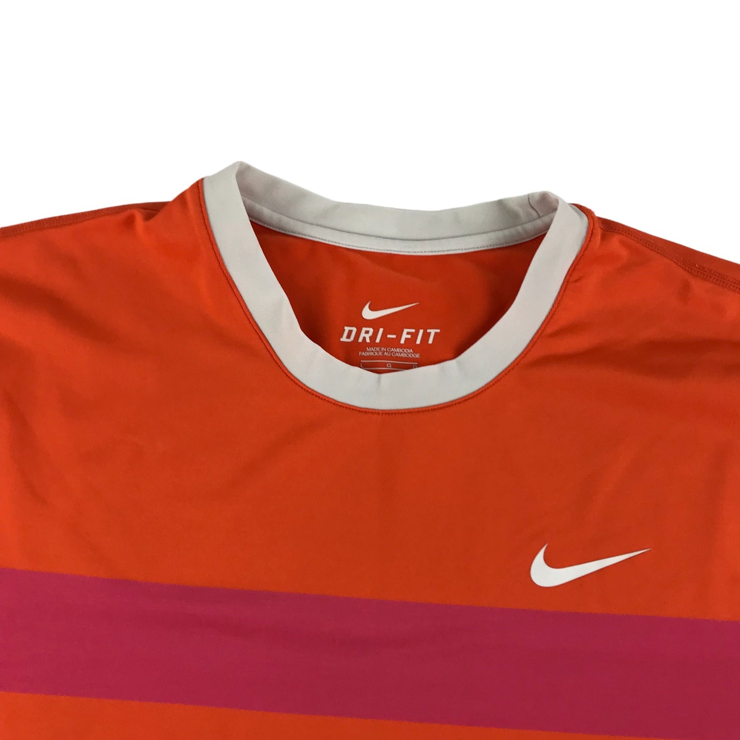 Nike Sport Top Size Men's L Orange Pink Yellow Stripy Pattern Short Sleeve