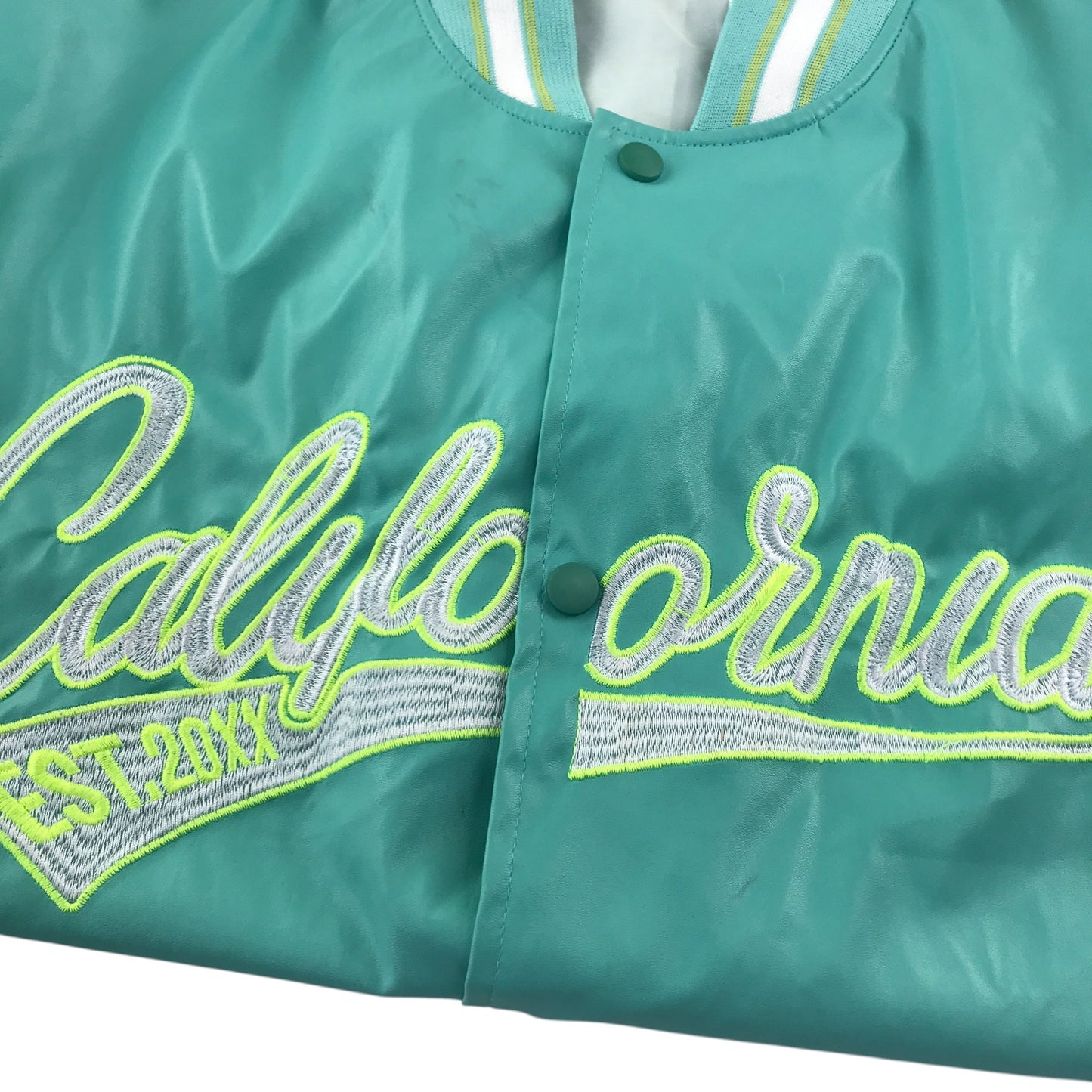 Baseball jacket size women's size M turquoise and white California embroidery faux leather